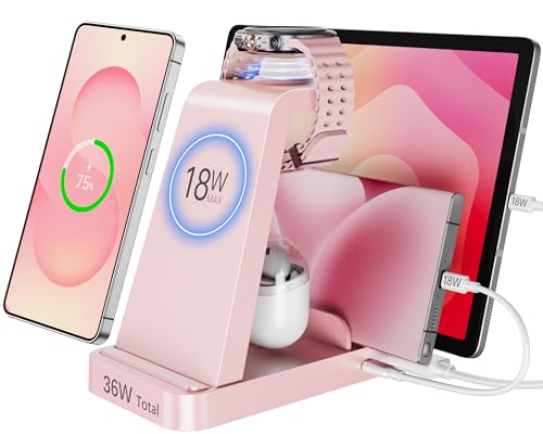 5 in 1 Wireless Charger for Samsung, Wireless Charging Station for Multiple Devices, Fast Charger Stand for Samsung Galaxy S25 Ultra S24 S23 S22 S20 Note 20 10 Z Fold 6 Galaxy Watch 7 6 5 Buds,Pink