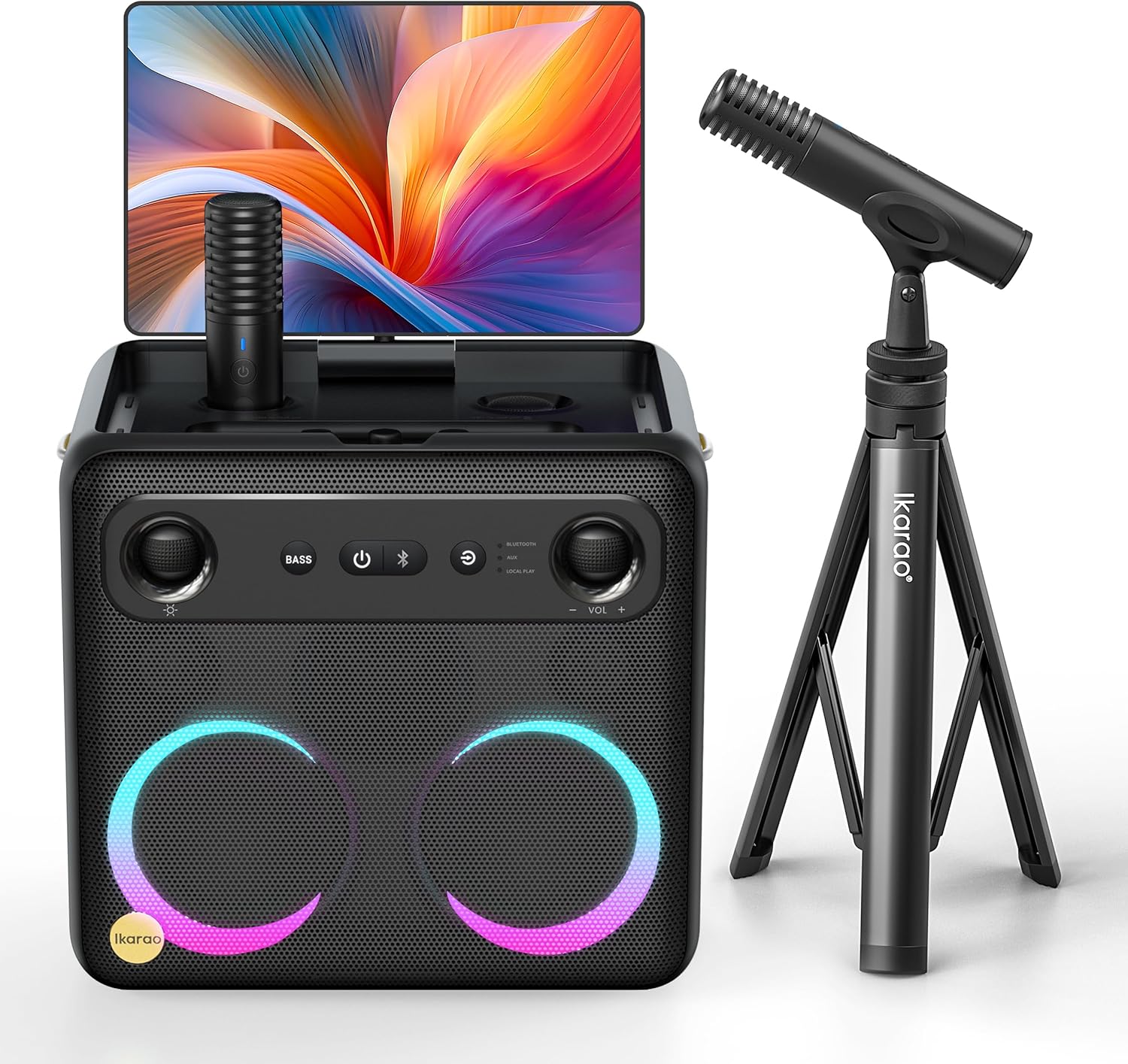 Karaoke Machine with Microphone Stand, Portable Bluetooth Speaker for Party, Backyard, Karaoke System with 2 Wireless Microphone for Adults Kids, for Women, Men, Singing Lovers