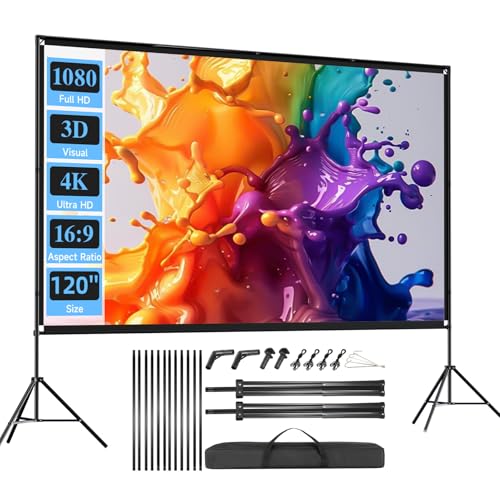 Outdoor Projector Screen with Stand, SCREENMAX 120 inch Foldable Projector Screens with Portable Carry Bag, 16:9 4k HD Rear Front Wrinkle-Free Projection Screen for Movie Night and Indoor Home Theater