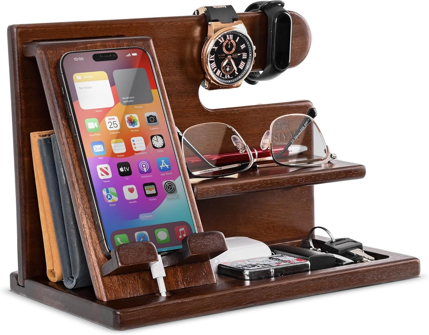 TESLYAR Wood Phone Docking Station for Men - Desktop or Nightstand Organizer - Birthday Gifts for Men, Dad - Anniversary Idea from Wife - Key Holder, Stand Wallet, Watch & Essentials (Chestnut)