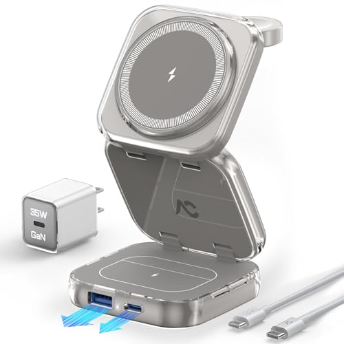 Wireless Charger for MagSafe, AC Island 5-in-1 Portable Travel Charging Station, 15W Max Foldable Fast Magnetic Stand, Evolved for iPhone 16/15/14/13 Series, Apple Watch, AirPods (with 35W Adapter)