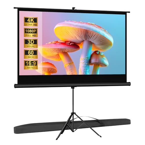 Outdoor Projector Screen with Stand Tripod, Indoor Pull Up Portable Projector Screen, 60 INCH 16:9 Adjustable Projection Screen with Carry Bag for Home Theater Backyard Party Movie Nights