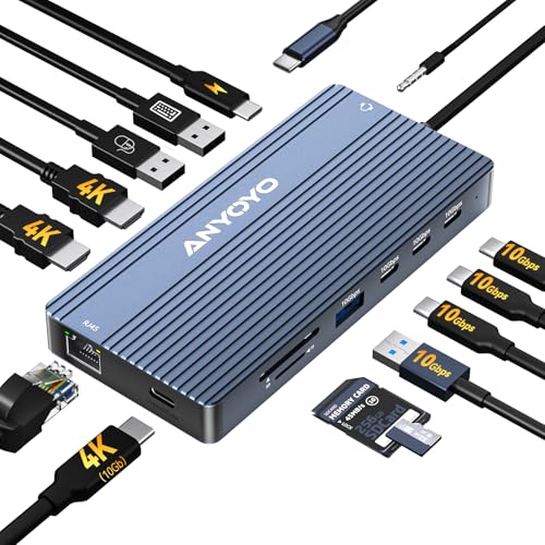 ANYOYO USB C Docking Station Dual Monitor 14-in-1 Docking Station 3 Monitor(2 HDMI+ Video Out) 10Gbps (4*USB-C+1A) +PD100W+Ethernet+SD/TF Laptop Dock Multiport Adapter for Dell/HP/Lenovo/Thinkpad