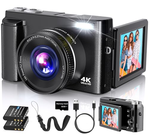 4K Digital Camera for Photography Autofocus, 2024 Latest 48MP Vlogging Camera for YouTube with SD Card, 2 Batteries, 3" 180Flip Screen Compact Travel Camera for Teens with 16X Zoom, Anti-Shake,Black