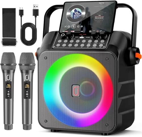 Karaoke Machine with 2 Wireless Microphones, Portable Karaoke Machine for Adults and Kids, Bluetooth Speaker with Microphone, PA System & LED Lights for Home Singing Outdoor Party, Music Gifts