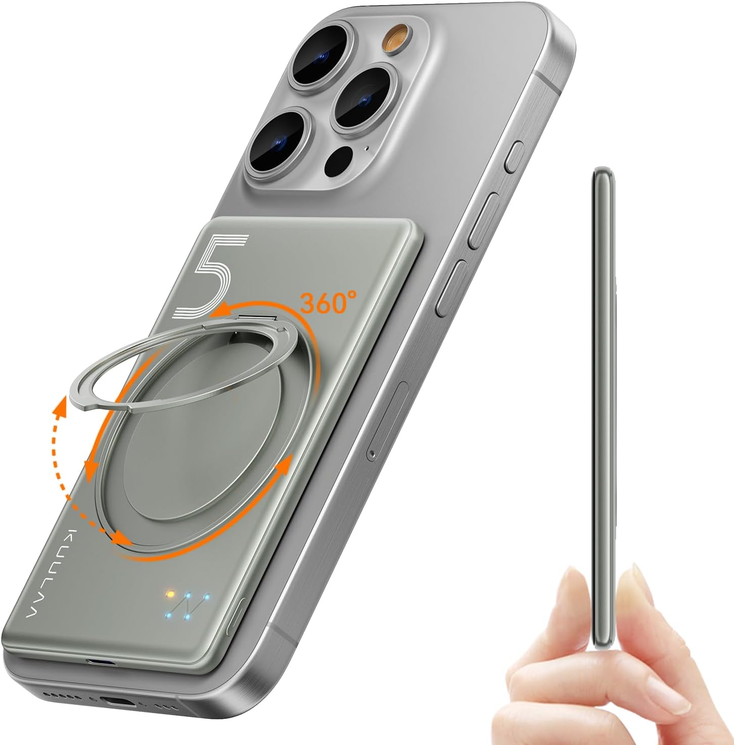 Kuulaa 5000mAh Magnetic Power Bank for iPhone 0.41in Slim Magsafe Battery Pack Wireless Portable Charger with Rotable Stand 20W PD USB C Output for iPhone 16/15/14/13/12 Series (Titanium)