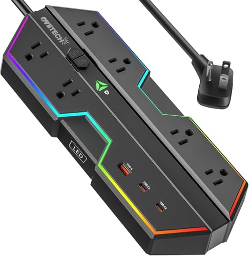4000J Surge Protector Power Strip with USB Ports, 6 Outlets with RGB Lights and PD 20W Fast Charging, Full Spectrum Color-Select and Wide Spaced,Compatible with Gaming PC, Black