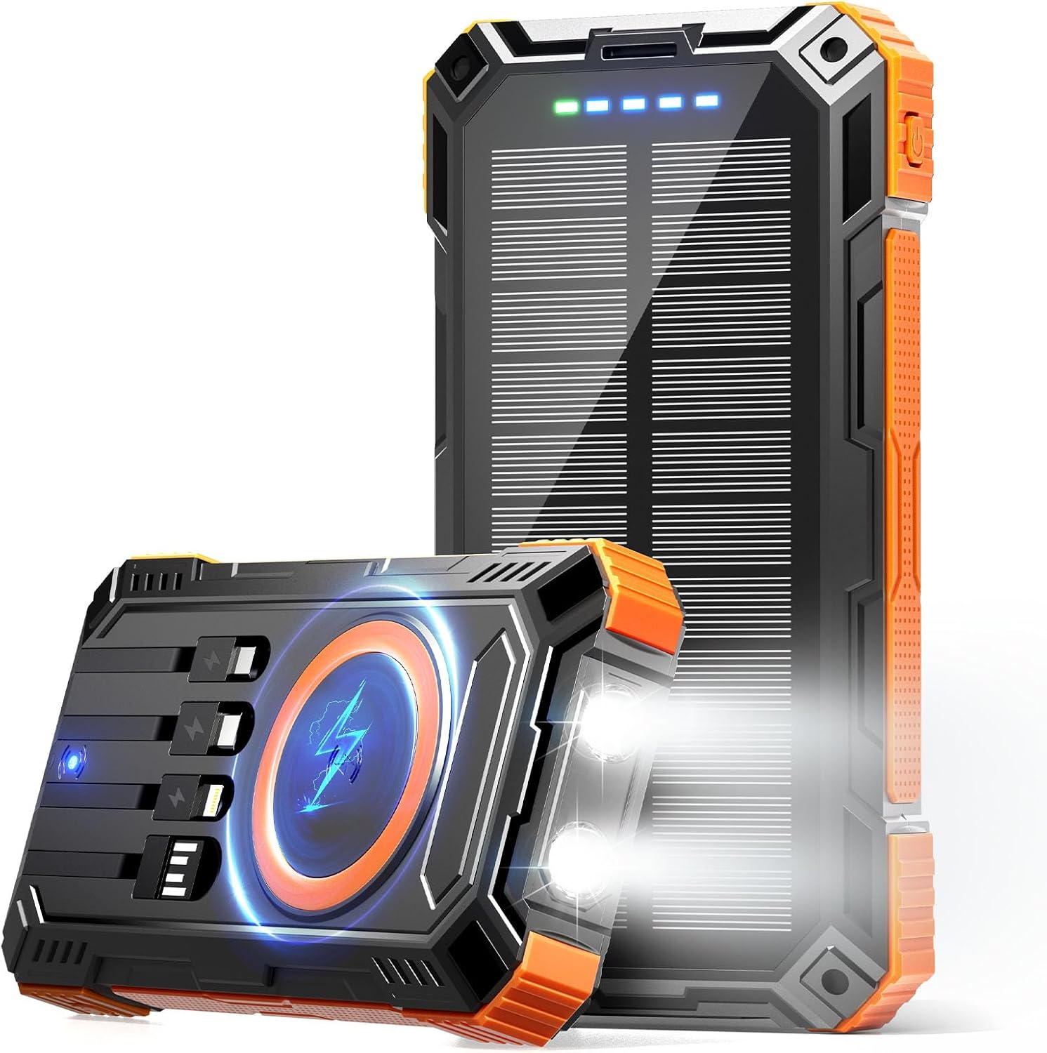 Power Bank 49800mAh Solar Charger Wireless Charging USB-C 5V/3.1A Fast Charging with 4 Built-in Cables LED Flashlight Battery Pack Compatible with iPhone, iPad, Galaxy, Perfect for Camping, Hiking