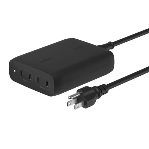 Belkin 4-Port USB C Charger Block, 200W GaN Multi-Port Charger USB-C PD 3.1 Fast Charge + 5ft Power Cord - MacBook, iPhone 17, Air, iPad, Galaxy S25, Google Pixel 10, Nintendo Switch 2 - Black