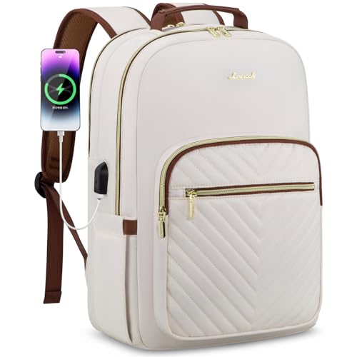 LOVEVOOK Laptop Backpack for Women 15.6 inch,Cute Womens Travel Backpack Purse,Professional Laptop Computer Bag,Waterproof Work Business College Teacher Bag Carry on Backpack with USB Port,White Brown