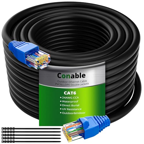 Cat6 Outdoor Ethernet Cable 350ft, Heavy Duty Double Jackets Internet Cord, Waterproof, Direct Burial, (from 25FT to 500 FT) Support PoE Cat6 Cat5e Cat5 Network, Cat 6 RJ45 Patch Cable with 25 Ties