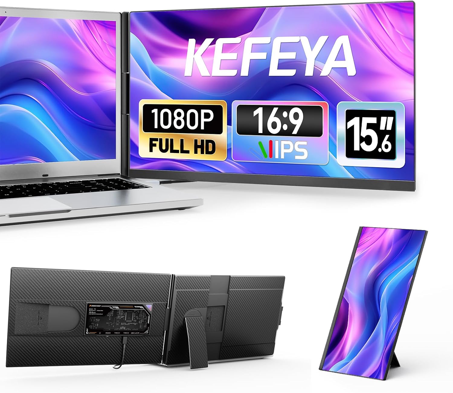 Laptop Screen Extender, 15.6" FHD 1080P IPS Portable Monitor for Laptop, Plug and Play Dual Monitor Extender for 13"-17.3" Laptops, Compatible with MAC, Windows, Android, Linux, Chrome