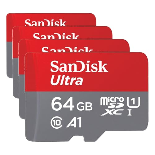 SanDisk 64GB Ultra microSDXC UHS-I Memory Card with Adapter - Up to 140MB/s, C10, U1, Full HD, A1, MicroSD Card - SDSQUAB-064G-GN6MA [New Version] (Pack of 4)