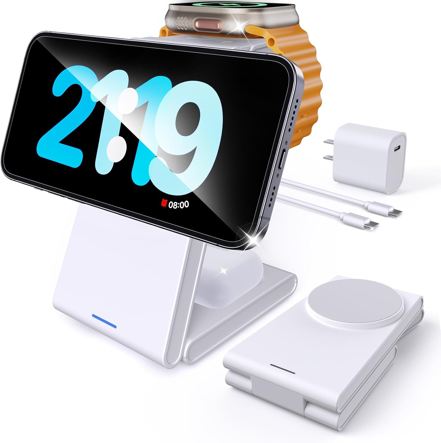 Foldable 3 in 1 Charging Station for Multiple Devices, Travel Wireless Charger for MagSafe Charger Stand, Magnetic Charging Stand for iPhone 17/16/15/14/13/12 for iWatch AirPods Pure White