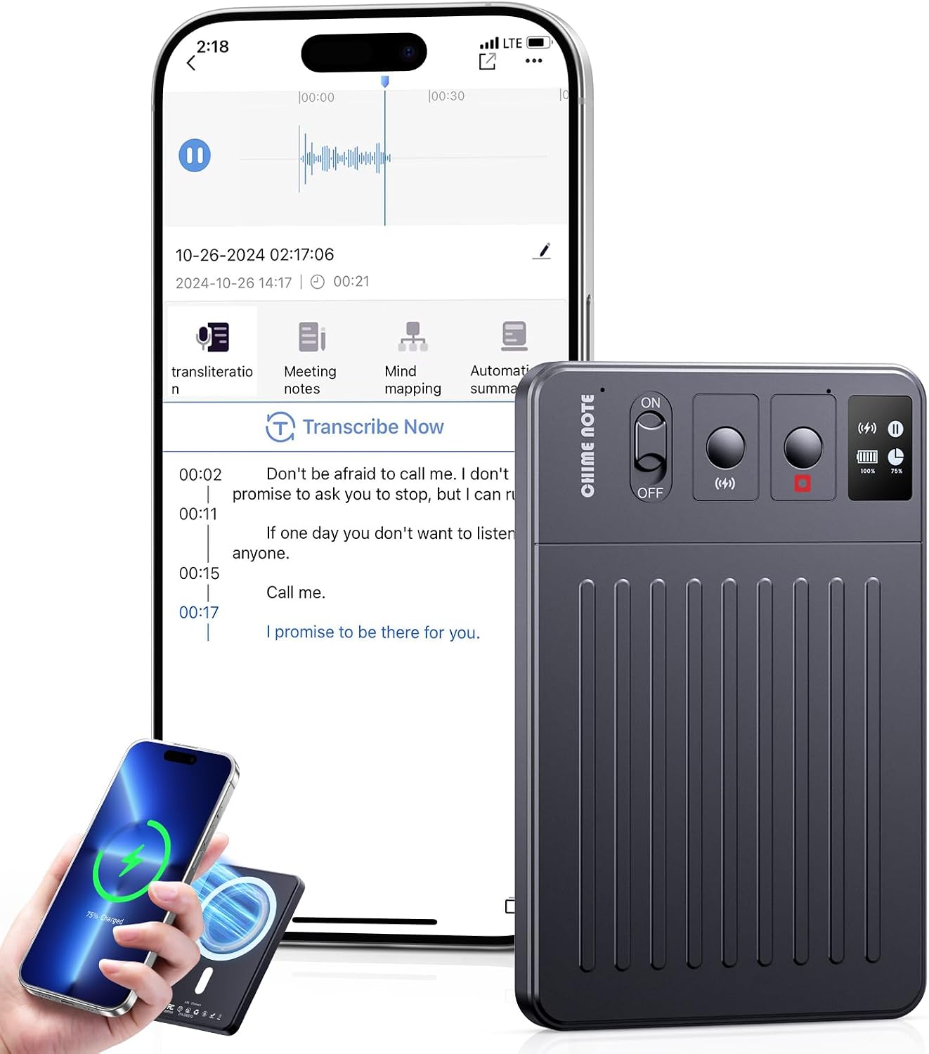 TTQ AI Voice Recorder, Digital Voice Recorder App Control, Transcribe & Summarize & Translation Empowered by ChatGPT, Wireless Charging, 121 Languages, 64GB Memory for Lecture, Meeting, Calls