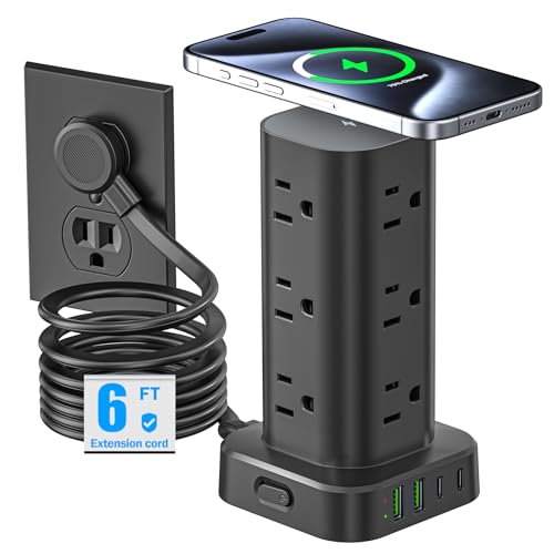 Tower Power Strip with 15W Wireless Charger (6FT)