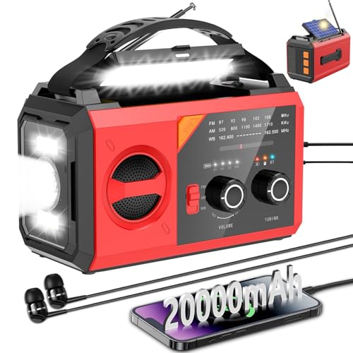 20000mAh Emergency Weather Radio with Wireless Speaker, 74000mWh NOAA/AM/FM Hand Crank Solar Radio with Flashlight Cell, Phone Charger, Compass, Reading Lamp, SOS Alarm