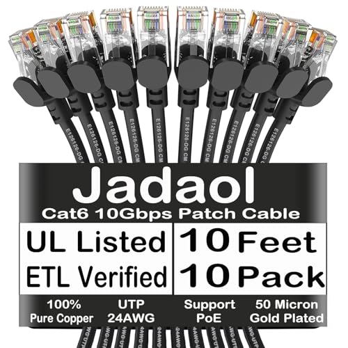 Jadaol Cat 6 Ethernet Cable 10ft 10Pack, Outdoor&Indoor, 10Gbps Support Cat8/7 Network, 24AWG Pure Copper Patch LAN Cord, Direct Burial Waterproof UV Resistant for Router, Modem, Switch, Server, Black