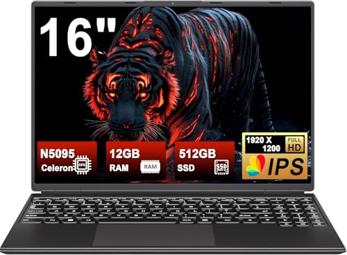 2025 16 Inch Gaming Laptop N5095 (Up to 2.9 GHz) 12GB+512GB SSD Support 1TB Expand Win 11 Laptops 1920 * 1200 FHD Screen 5G WiFi BT 4.2 Webcam Cooling Fan Numeric Keypad -Black