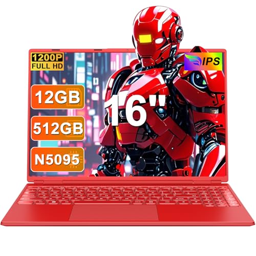 2025 16 Inch Gaming Laptop N5095 (Up to 2.9 GHz) 12GB+512GB SSD Support 1TB Expand Win 11 Laptops 1920 * 1200 FHD Screen 5G WiFi BT 4.2 Webcam Cooling Fan Numeric Keypad-Red