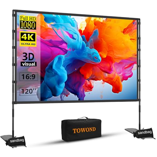 TOWOND Projector Screen and Stand, 120 inch Outdoor Projector Screen Indoor, Portable Movie Screen 16:9 4K Front Rear Projection Screen with Carry Bag Wrinkle-Free Design for Home Backyard Theater
