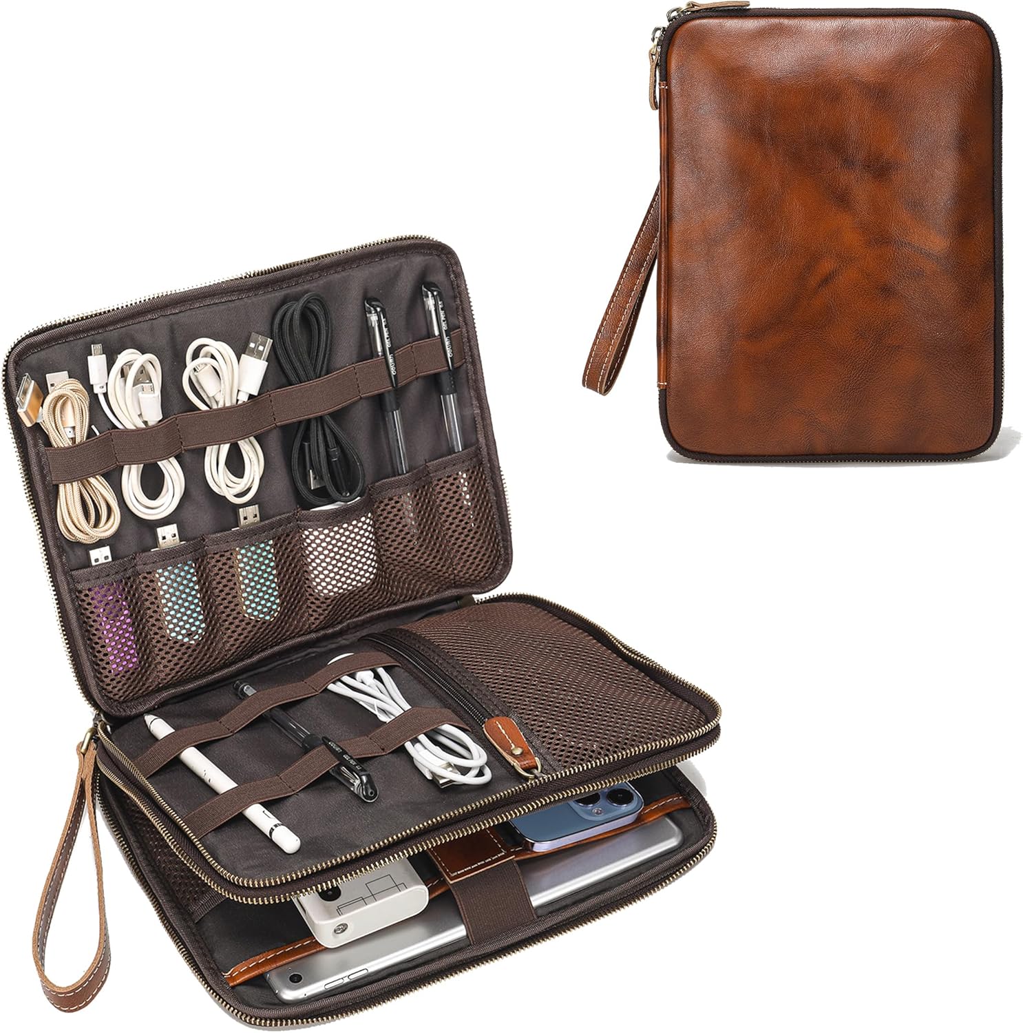 LANNSYNE Full Grain Leather Travel Cable Accessories Bag, Electronic Organizer Carry Case Double Layer Storage Case for Cables, Charger, Phone, Power Bank