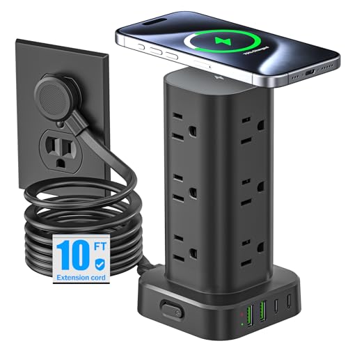 Tower Power Strip with 15W Wireless Charger (Black)