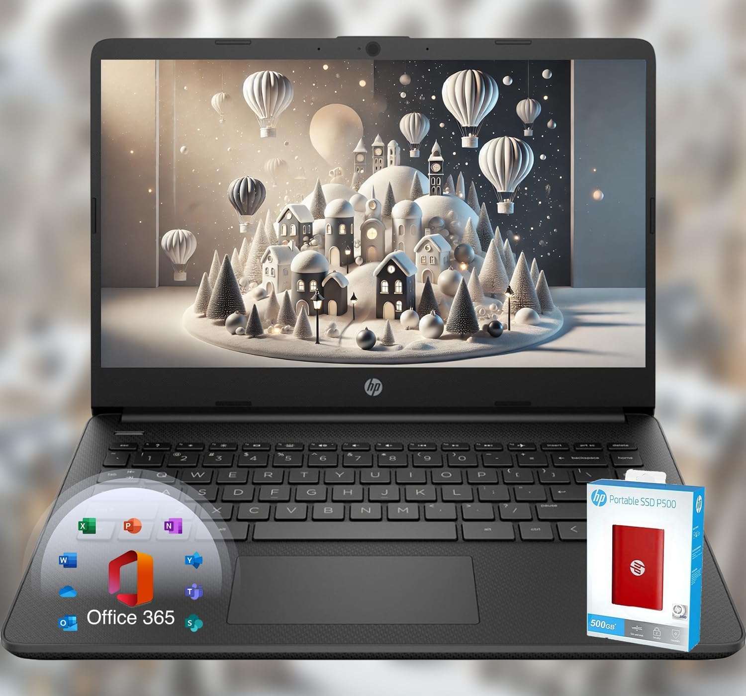 HP 14 Laptop Back to School Limited Edition with Microsoft 365 4-Core Intel CPU 8GB RAM 1.6TB Storage (128GB OnBoard + 512GB P500 Portable SSD + 1TB OneDrive) Black Win 11