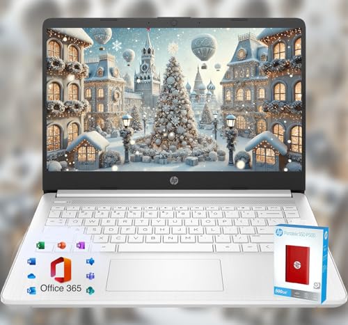 HP 14 Laptop Back to School Limited Edition with Microsoft 365 4-Core Intel CPU 4GB RAM 1600GB Storage (64GB OnBoard + 512GB P500 Portable SSD + 1TB OneDrive) Snow White Win 11