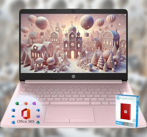 HP 14 Laptop  Back to School Limited Edition with Microsoft 365  4-Core Intel CPU  16GB RAM 1600GB Storage (64GB OnBoard + 512GB P500 Portable SSD + 1TB OneDrive)  Pink  Win 11