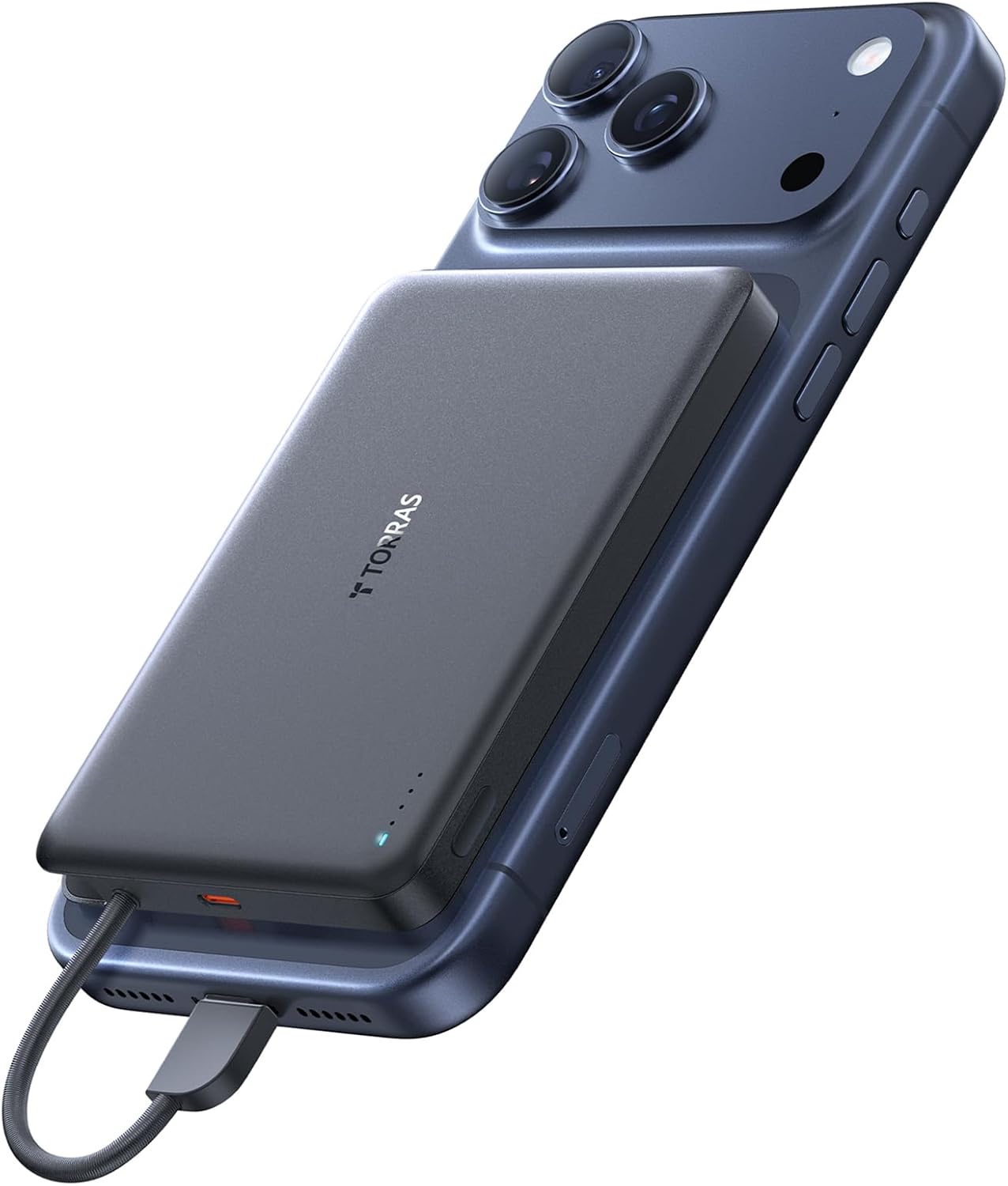 TORRAS Power Bank with Built-in USB-C Cable, Ultra-Slim 10,000mAh Portable Charger USB C, 22.5W Fast Charging Battery Pack for iPhone 17/16/15 Series, Phone air, Galaxy, Pixel, Grey (No-Wireless)