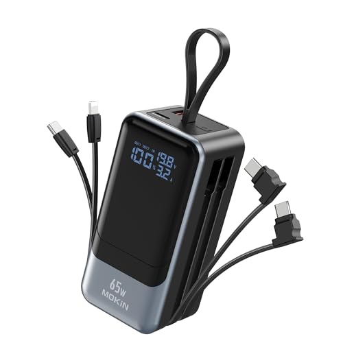 Portable Charger, 65W Power Bank Fast Charging, USB C Battery Pack with Built in Cable, 4 Outputs Powerbank, Travel Essentials Compatible with iPhone 17 16 15 14 13 iPad MacBook Pro Samsung Dell XPS