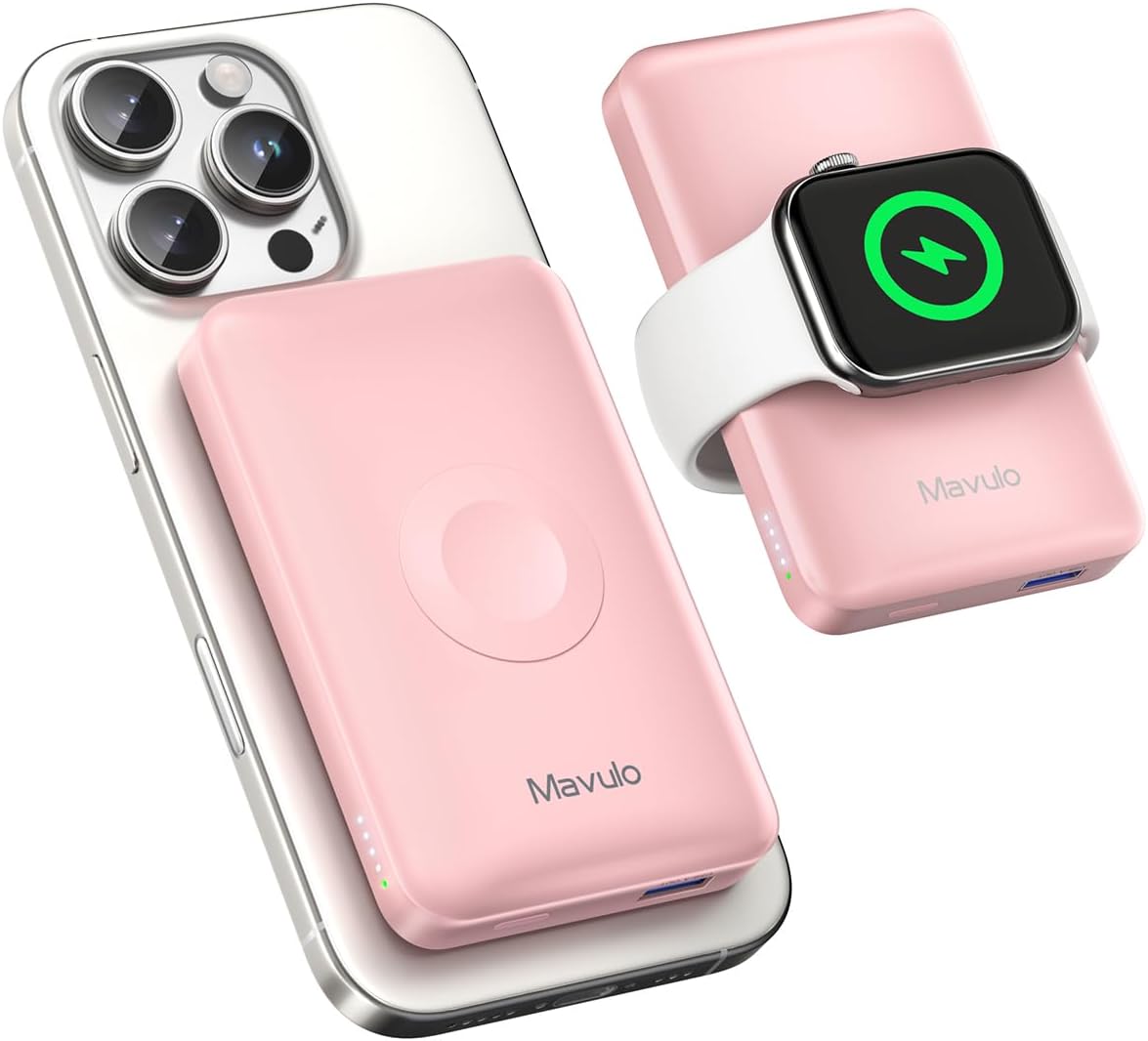 2 in 1 Wireless Portable Charger for Apple Watch and iPhone,12000mAh Magnetic Power Bank 20W USB C Fast Charging Battery Pack for iPhone 16 15 14 13 12 Series Travel iWatch Charger(Pink)