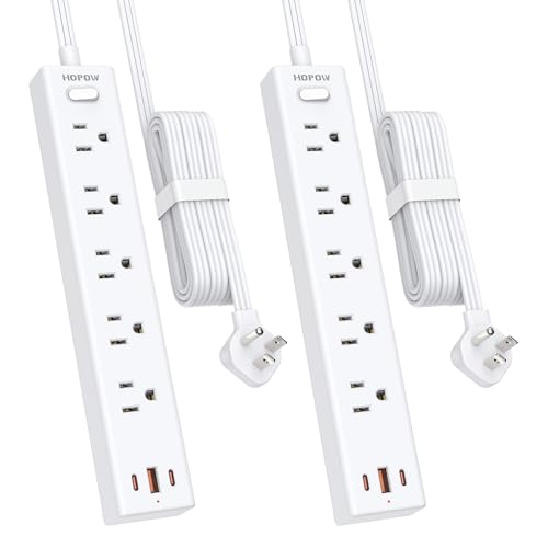 HOPOW 2 Pack Flat Plug Power Strip (5 Outlets + 3 USB)
