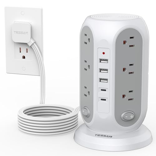 TESSAN Tower Power Strip with Individual Switches, Surge Protector with 12 Outlets, 5 USB Ports(2 USB C), Flat Extension Cord 10 Ft, Flat Plug, Charging Station for Multiple Devices, for Office, Dorm