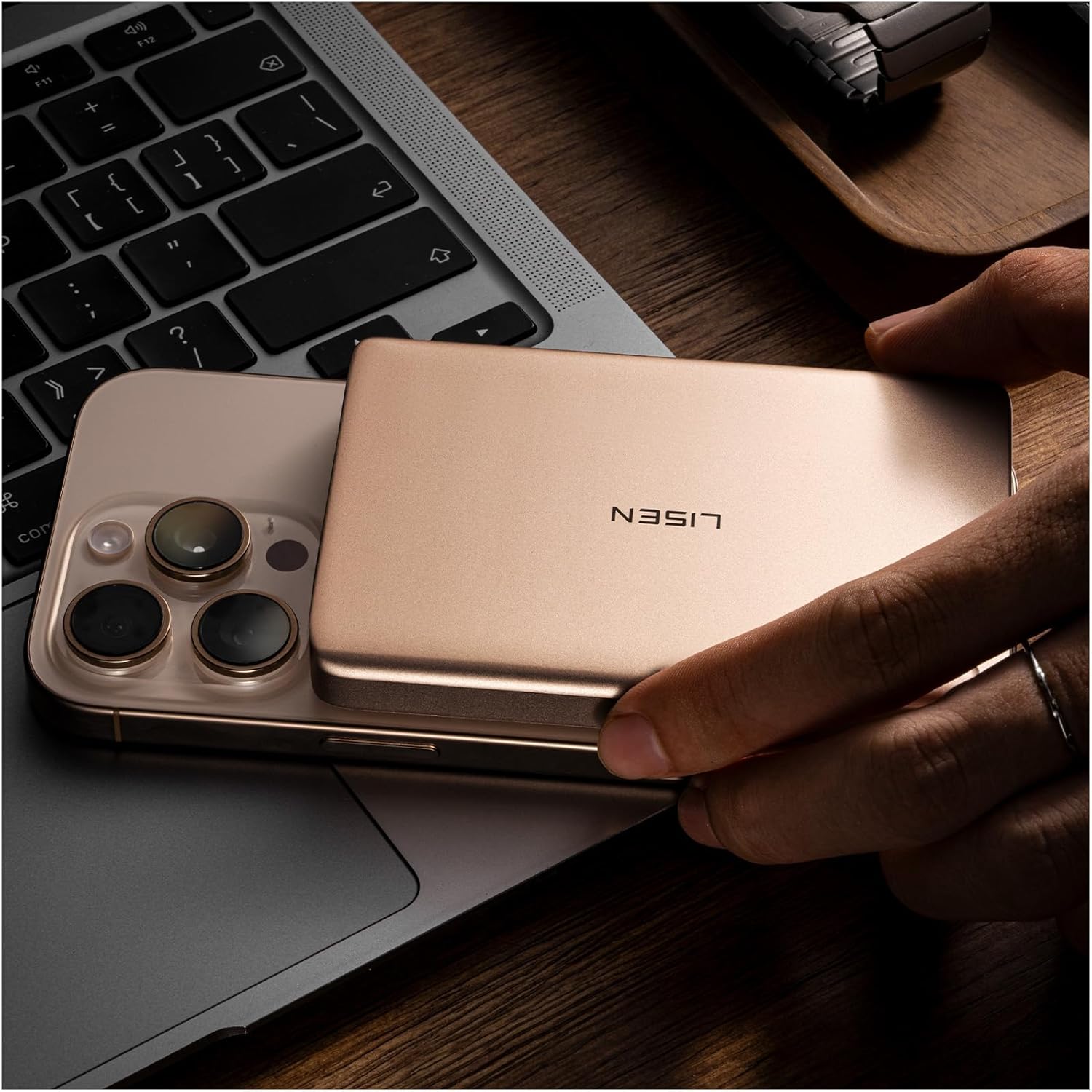 LISEN 0.5 Ultra Slim MagSafe Portable Charger iPhone,Alloy 10,000mAh Wireless Charge Card Phone Charger,Slim MagSafe Battery Pack,Magnetic Power Bank for iPhone 16e Pro Max/15/14/13/12,Gold