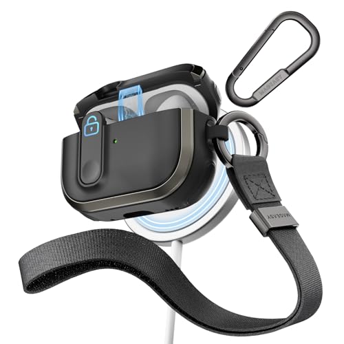 MAGEASY Design for AirPods Pro 2 Case Cover - Rugged AirPods Pro Case with Lock | Work with Cable, Official Apple Watch & MagSafe Charging | Include Carabiner & Wrist Strap - Odyssey, Metal Black