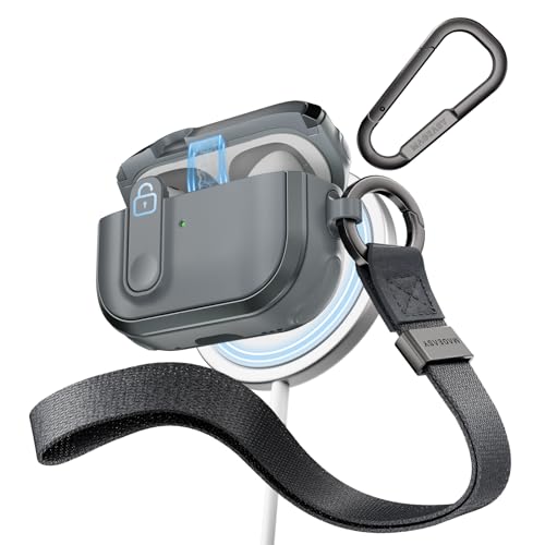 MAGEASY Design for AirPods Pro 2 Case Cover - Rugged AirPods Pro Case with Lock | Work with Cable, Official Apple Watch & MagSafe Charging | Include Carabiner & Wrist Strap - Odyssey, Metal Blue Gray