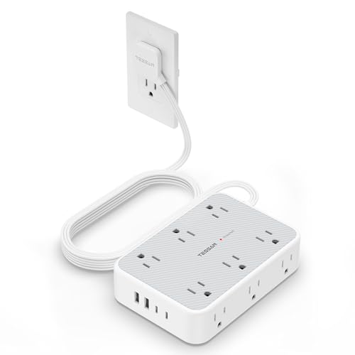 TESSAN 15 ft Extension Cord Surge Protector Power Strip, 12 Outlet Extender with 4 USB (2 USB C), 1800 Joules Protection, Flat Plug, Flat Extension Cord with Multiple Outlets, for Home, Office, Dorm