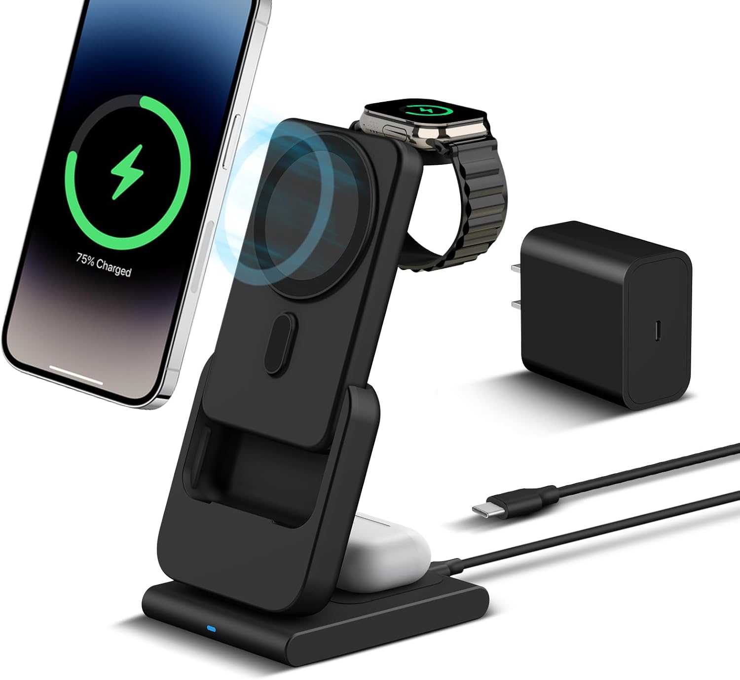 DDUAN Foldable Wireless Charging Station: 3-in-1 Mag-Safe Charger Stand with 10000mAh Portable Power Bank for iPhone 16/15/14/13/12 - Removable Battery Pack for Apple Watch (Black)