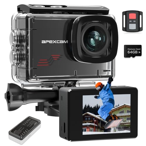 Apexcam Action Camera 4K with 64GB Card, HD 60FPS 48MP Sports Camera for Vlogging, 40M Waterproof Camera Underwater, 170  Wide Angle WiFi Camcorder, 8X Zoom, Remote Control, Helmet Mount Accessories
