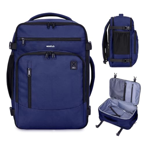 ECOHUB 17" Small Travel Backpack, United Airlines Personal Item Bag 17x10x9 with 16 Pockets, Water Resistant Rucksacks Fit 15.6" Laptop, AirTag Pocket, Lightweight Casual Daypack, 25L, Blue