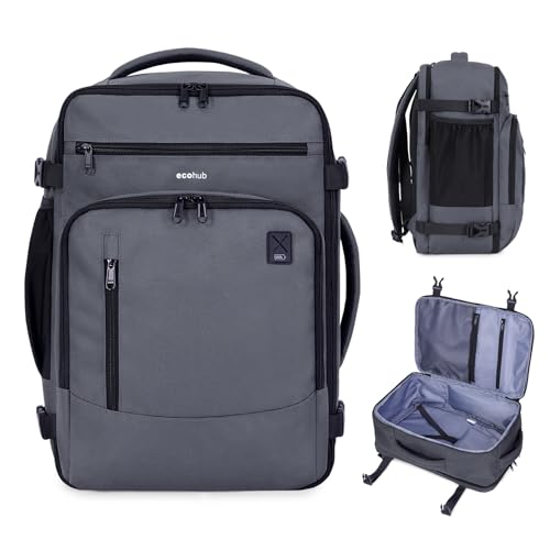 ECOHUB 17" Small Travel Backpack, United Airlines Personal Item Bag 17x10x9 with 16 Pockets, Water Resistant Rucksacks Fit 15.6" Laptop, AirTag Pocket, Lightweight Casual Daypack, 25L, Grey Green