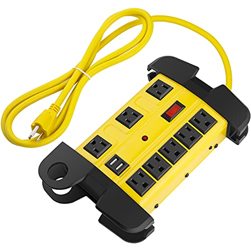 Heavy Duty Power Strip with USB, Workshop 8 Outlet Surge Protector 2700 Joules, Industrial Metal 15Amp Power Strip, 25 FT Extension Cord and Wide Spaced. Yellow