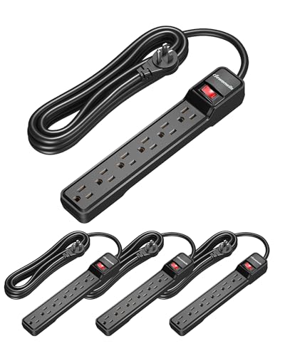 DEWENWILS 15 Foot Long Power Strip, 6-Outlet Power Strip 15FT, 15 Amp Circuit Breaker, Low Profile Flat Plug, Surge Protector for Office, Living Room, Bedroom, 4 Pack, Wall Mount, Black