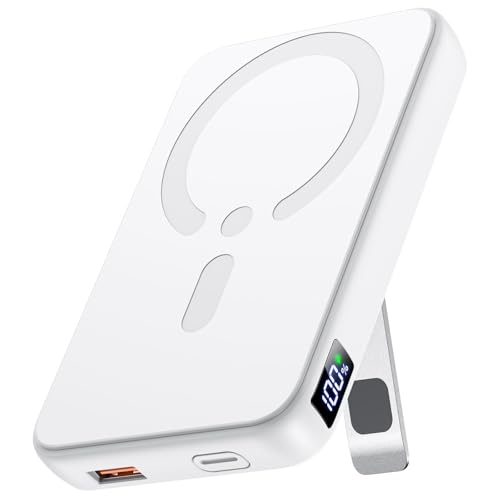 for Magsafe Portable Charger, 12000mAh Wireless Magnetic Power Bank with Stand and USB C in/Out Fast Charging, for Magsafe Battery Pack Compatible with iPhone 15/14/13/12 Pro/Pro Max-Pearl White