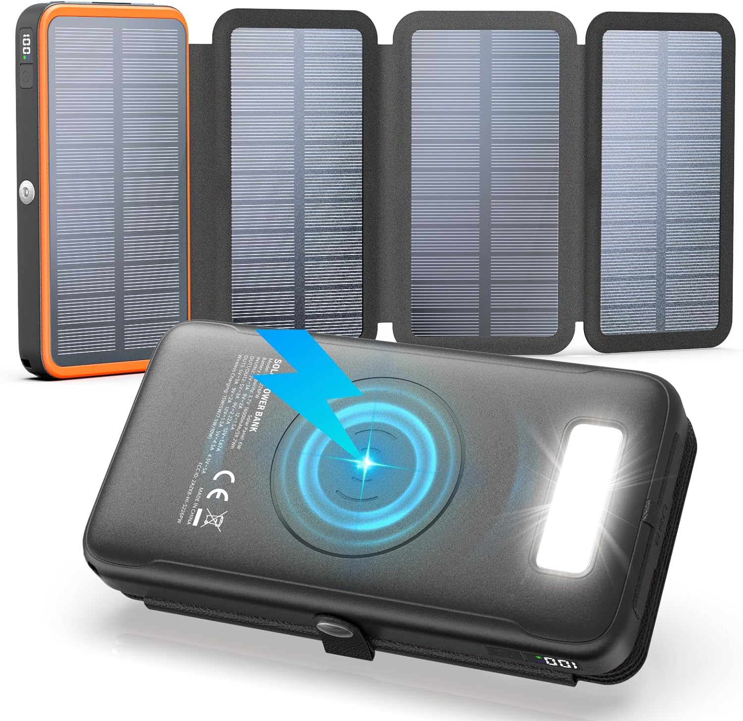 FEELLE Solar Charger Power Bank, 27000mAh Wireless Portable Charger with 4 Solar Panels, 22.5W Fast Charging External Battery Pack USB-C in/Output PD+QC 4.0 Portable Power Bank for Smartphone