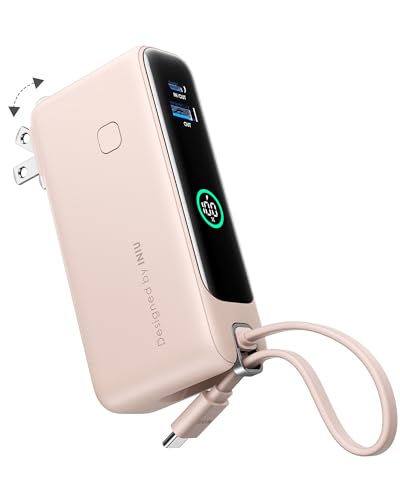 INIU 3-in-1 Portable Charger, Small 10000mah 30W Fast Charging Power Bank with Built-in USB C Cable and Foldable AC Plug, Flight Cruise Ship Travel Phone Charger for College Students Boys Girls, Pink