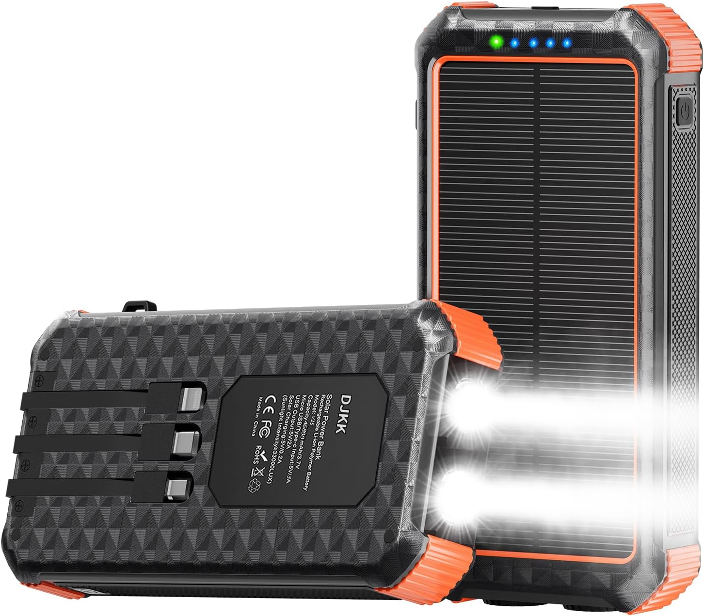 Solar Portable Charger Power Bank:46800mAh Phone Powered Battery Pack Built-in 3 Cables 15w Fast Charging 4 Output for All Mobile Devices,Dual Flashlights&Compass for Travel/Camping/Emergency (Orange)