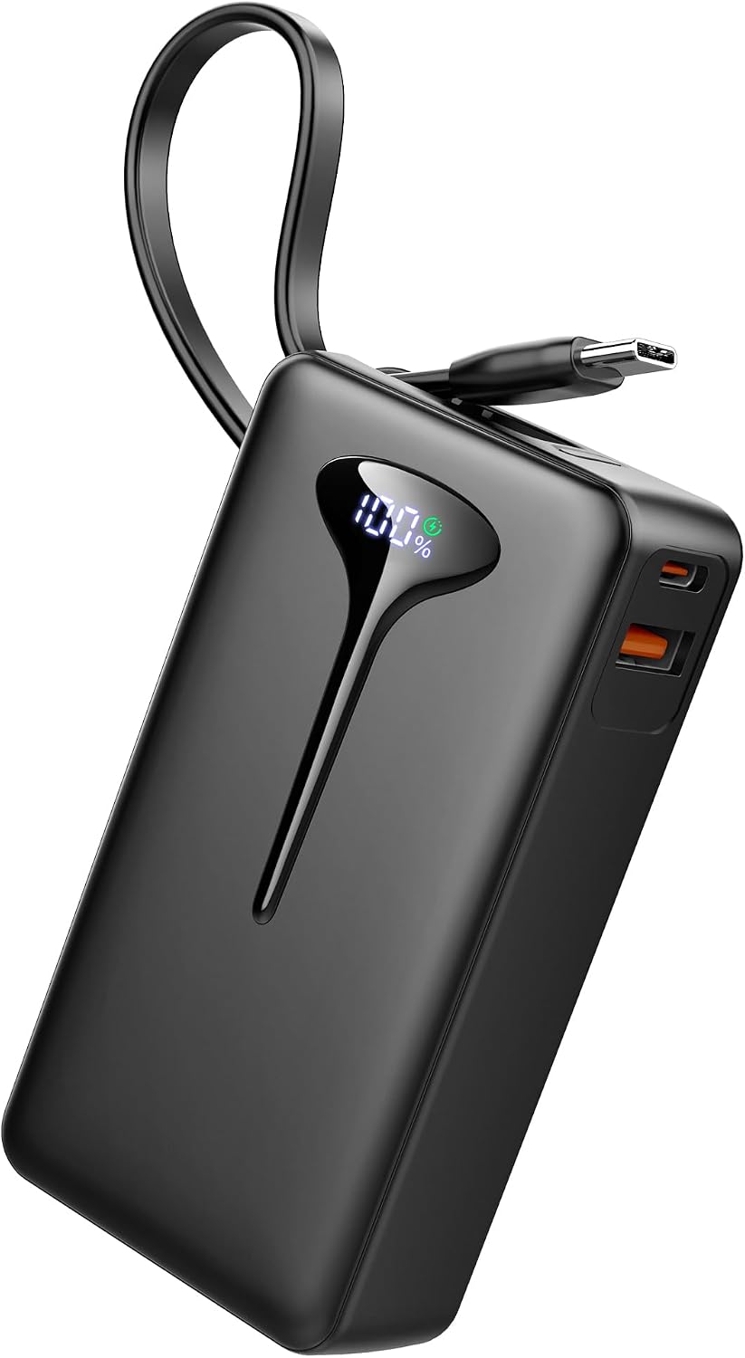 10000mAh Power Bank, 2025 Portable Charger USB C, 22.5W Fast Charging Power Bank with Built in Cable, Travel Portable Phone Charger with 3 Output HD LED Display Battery Pack for iPhone Android Laptop